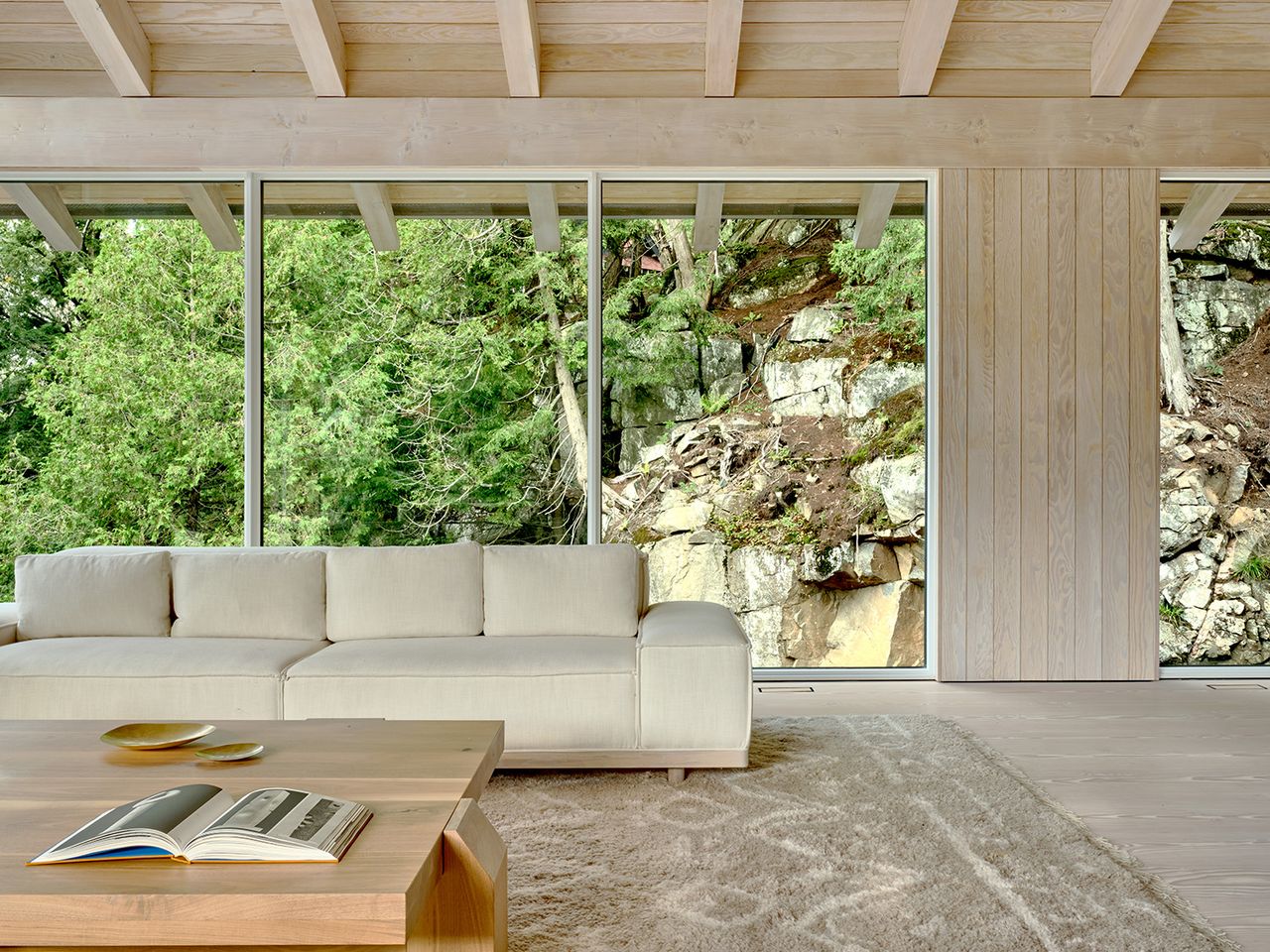 living room with beige sofa and wood walls