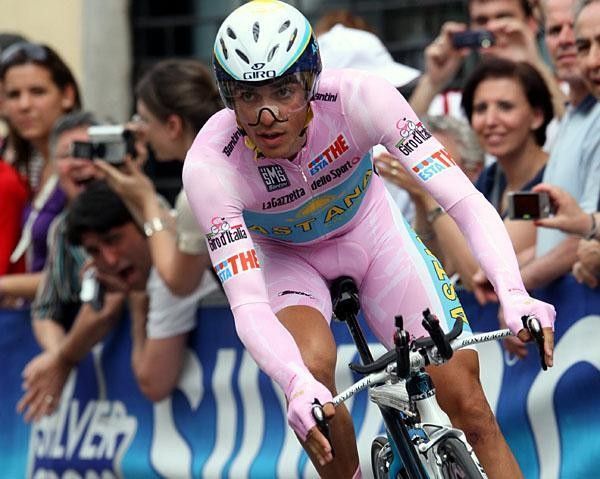 Contador in pink after winning a race he wasn't even supposed to start.