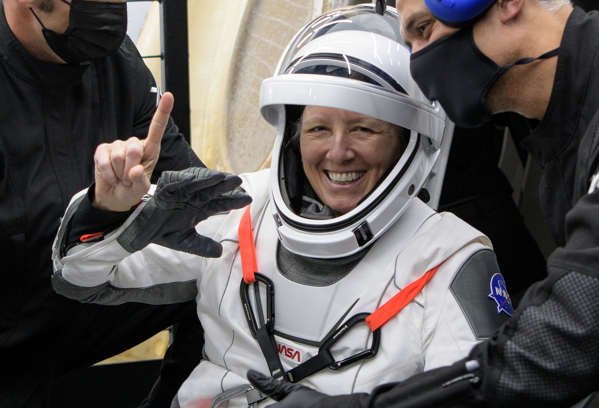NASA astronaut Shannon Walker celebrates after returning to Earth on SpaceX's Crew-1 Crew Dragon capsule Resilience with a splashdown in the Gulf of Mexico near Panama City, Florida on May 2, 2021.