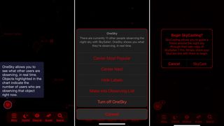 OneSky and SkyCasting functions are shown with options in red text on a black background.