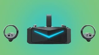 The Pimax 12k qled vr headset front on on a green and blue gradient background