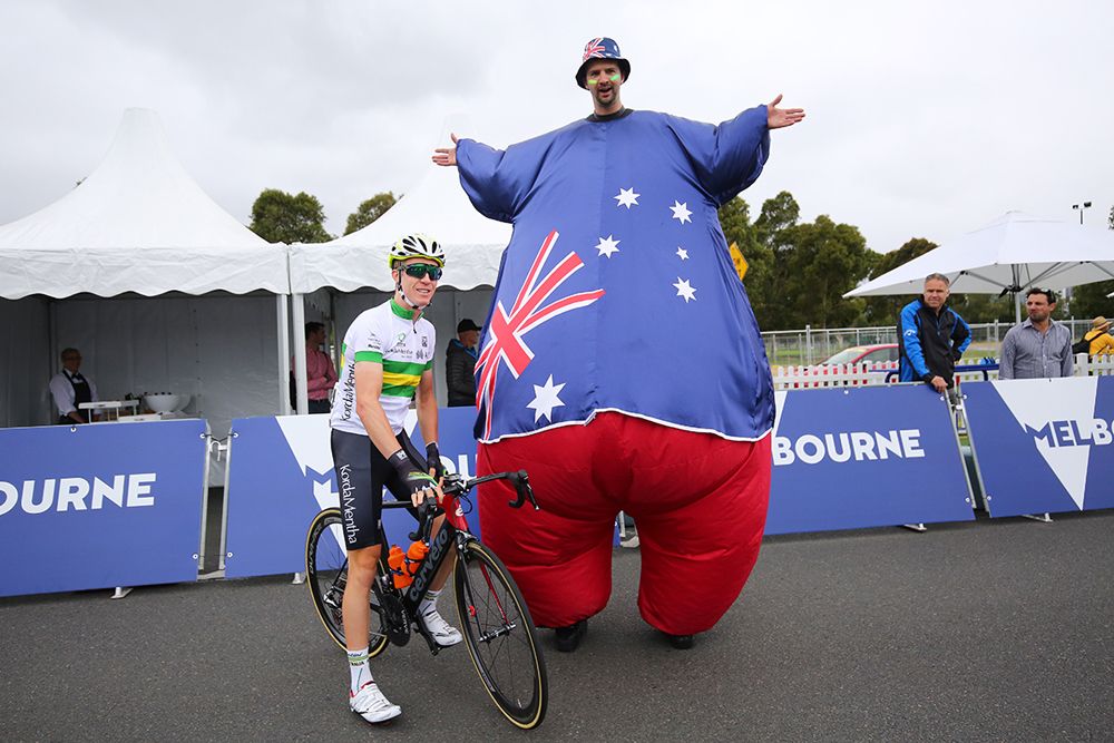 Cam Meyer with a fan in dress up for Australia Day