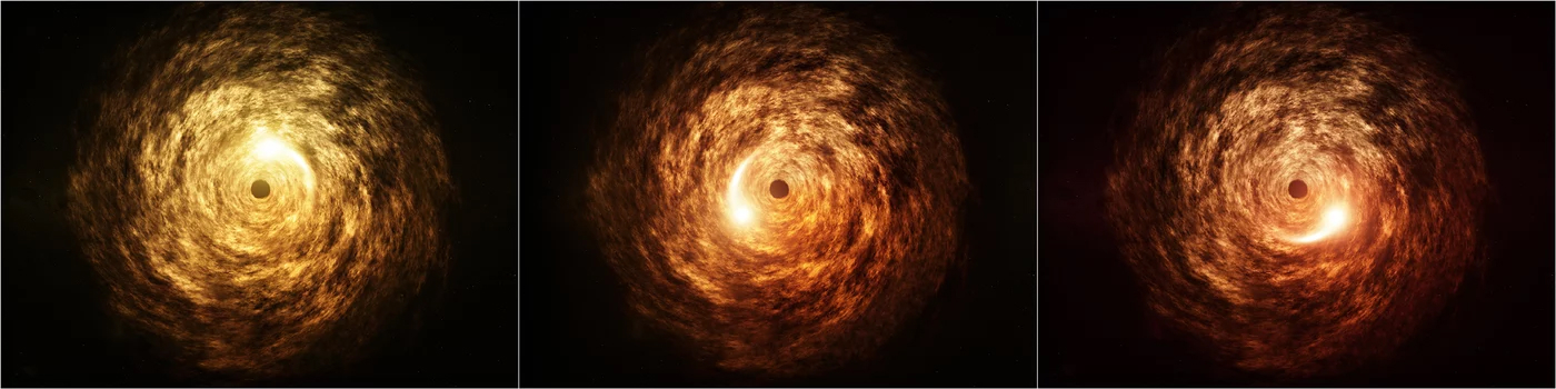 Artist’s conception of the mid-IR flare in Sgr A* (left: beginning; center: middle; right: end), capturing the variability, or changing intensity, of the flare.