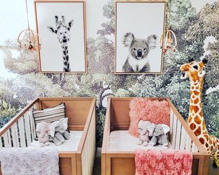 Twin nursery idea with floral wallpaper and framed wall art by Karlee Zacky