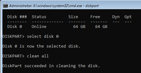 diskpart clean all function complete