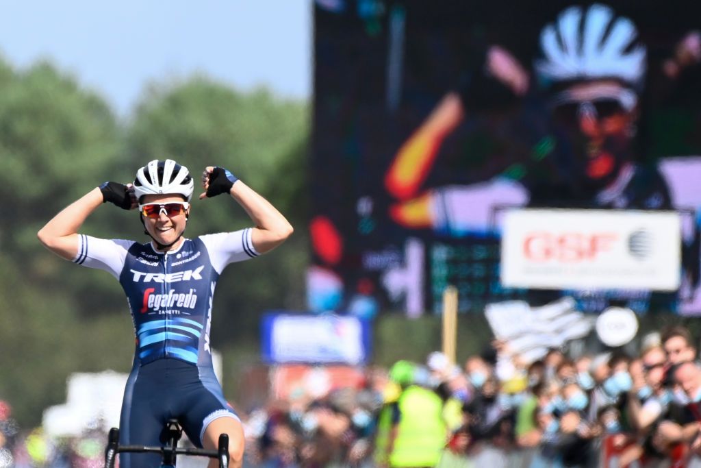 Frances Audrey CordonRagot of TrekSegafredo celebrates as she crosses the finish line to win the womens Elite French Road Cycling Championships 2020 between GrandChamp and GrandChamp western France on August 22 2020 Photo by Damien MEYER AFP Photo by DAMIEN MEYERAFP via Getty Images