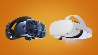 HTC Vive VR headset and Oculus Quest 2 VR headset on a orange background
