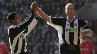 LONDON - MARCH 15: Alan Shearer of Newcastle United celebrates scoring the opening goal from the penalty spot with team-mate Nolberto Solano during the FA Barclaycard Premiership match between Charlton Athletic and Newcastle United held on March 15, 2003 at The Valley, in London. Newcastle United won the match 2-0. (Photo by Jamie McDonald/Getty Images)
