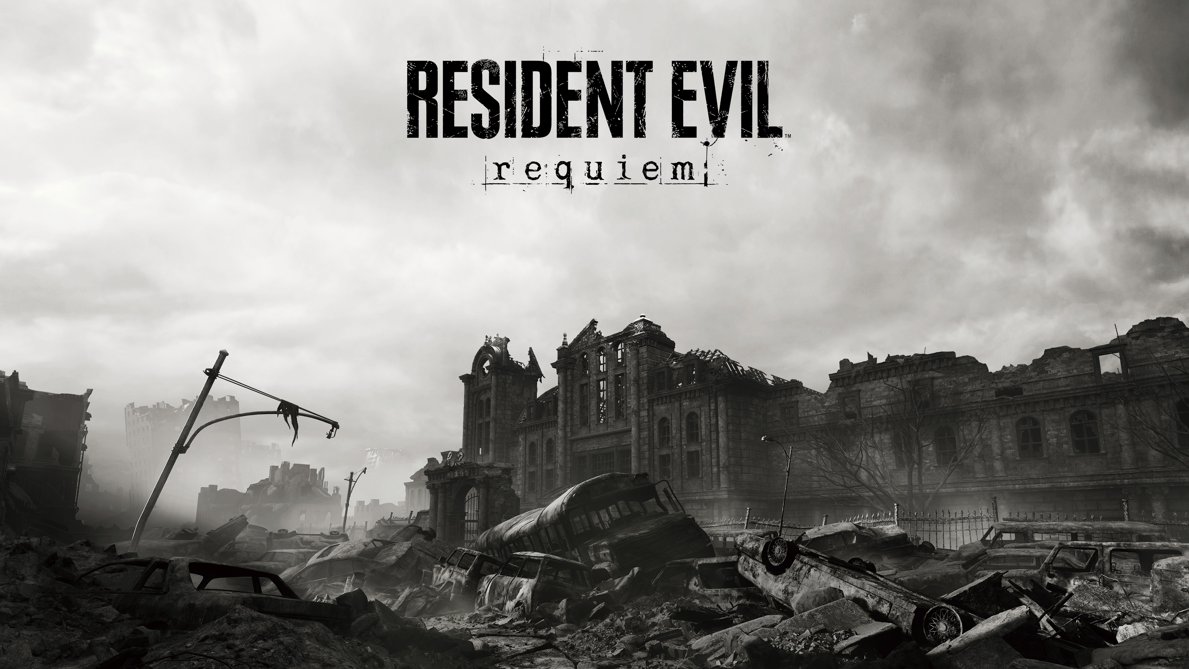 Official Resident Evil Requiem key art with logo and dilapidated ruin in the background of Raccoon City