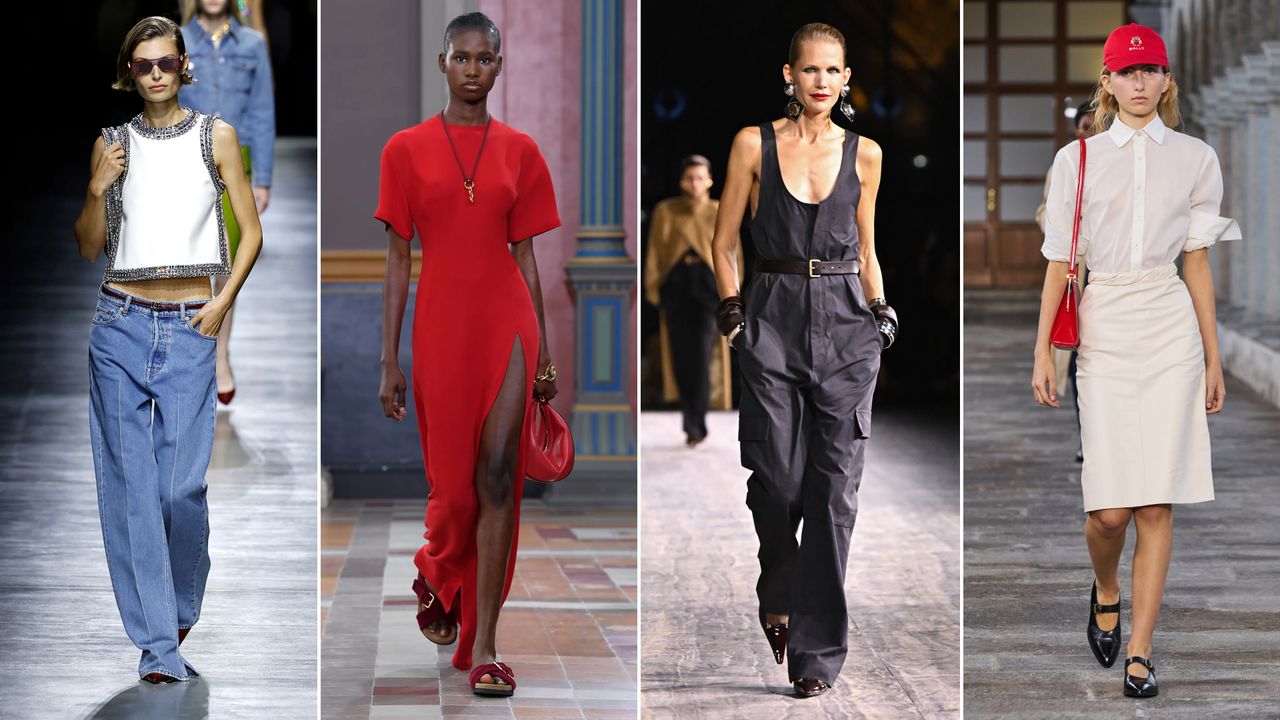 Models wearing cute summer outfits at Gucci, Valentino, Saint Laurent, and Bally Spring 2024 runway shows.