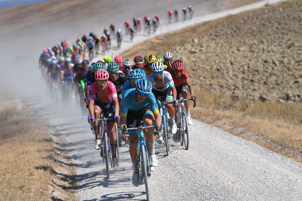 SIENA ITALY AUGUST 01 Hugo Houle of Canada and Astana Pro Team Peloton Dust Gravel Strokes during the Eroica 14th Strade Bianche 2020 Men a 184km race from Siena to SienaPiazza del Campo StradeBianche on August 01 2020 in Siena Italy Photo by Tim de WaeleGetty Images