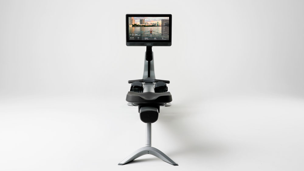 Hydrow rowing machine in studio, view facing screen