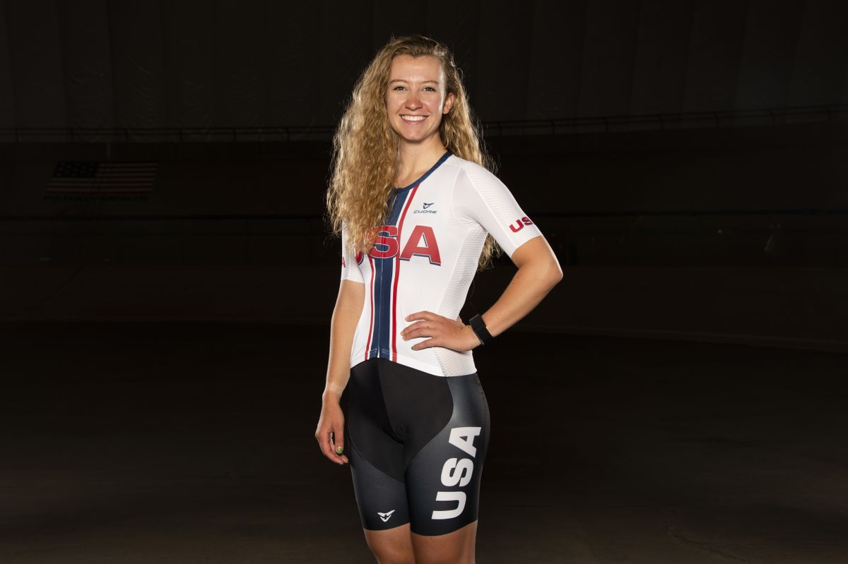 USA Cycling&#039;s Emma White in the new Tokyo Olympics competition clothing, made by Cuore