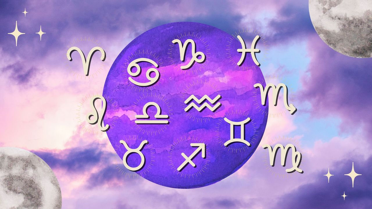 The zodiac signs and the full moon against a background of the cloudy sky