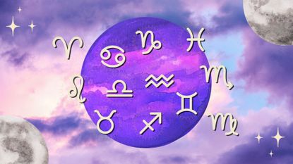 The zodiac signs and the full moon against a background of the cloudy sky