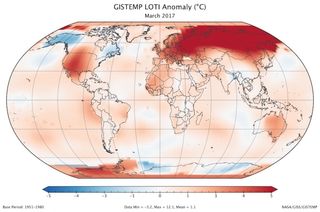 How temperatures around the world varied compared to the 1951-1980 average, with red colors denoting warmer-than-average temperatures and blue cooler-than-average. Much of the U.S., as well as all of Europe and Russia were abnormally warm.