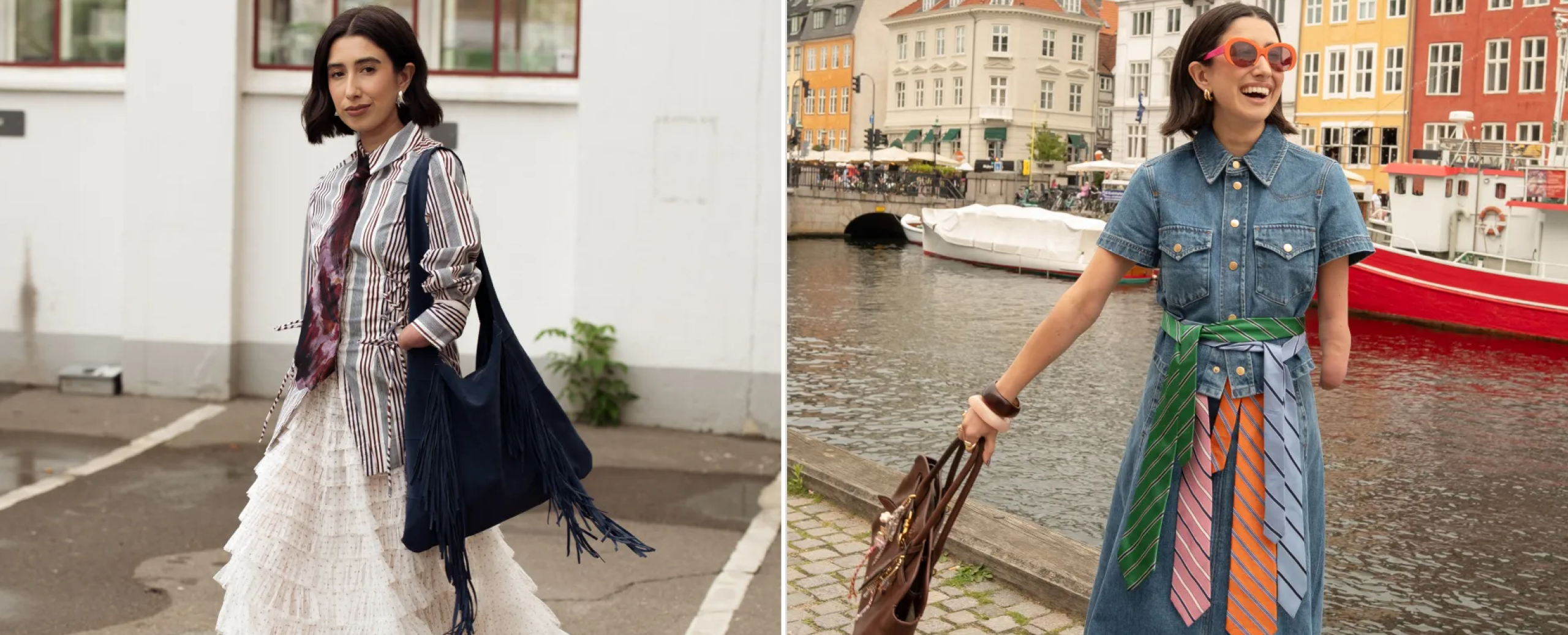 April Lockhart wearing a striped shirt with a burgundy tie at copenhagen fashion week