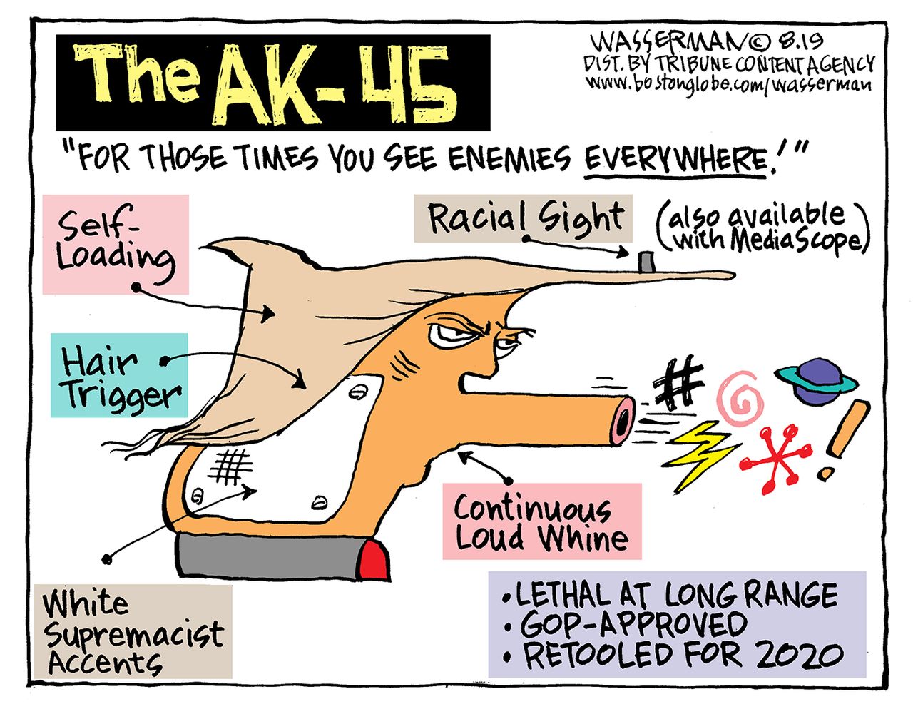 Political Cartoon U.S. Trump Gun Violence AK-45 Racial Sight and Hair Trigger