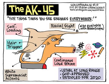Political Cartoon U.S. Trump Gun Violence AK-45 Racial Sight and Hair Trigger