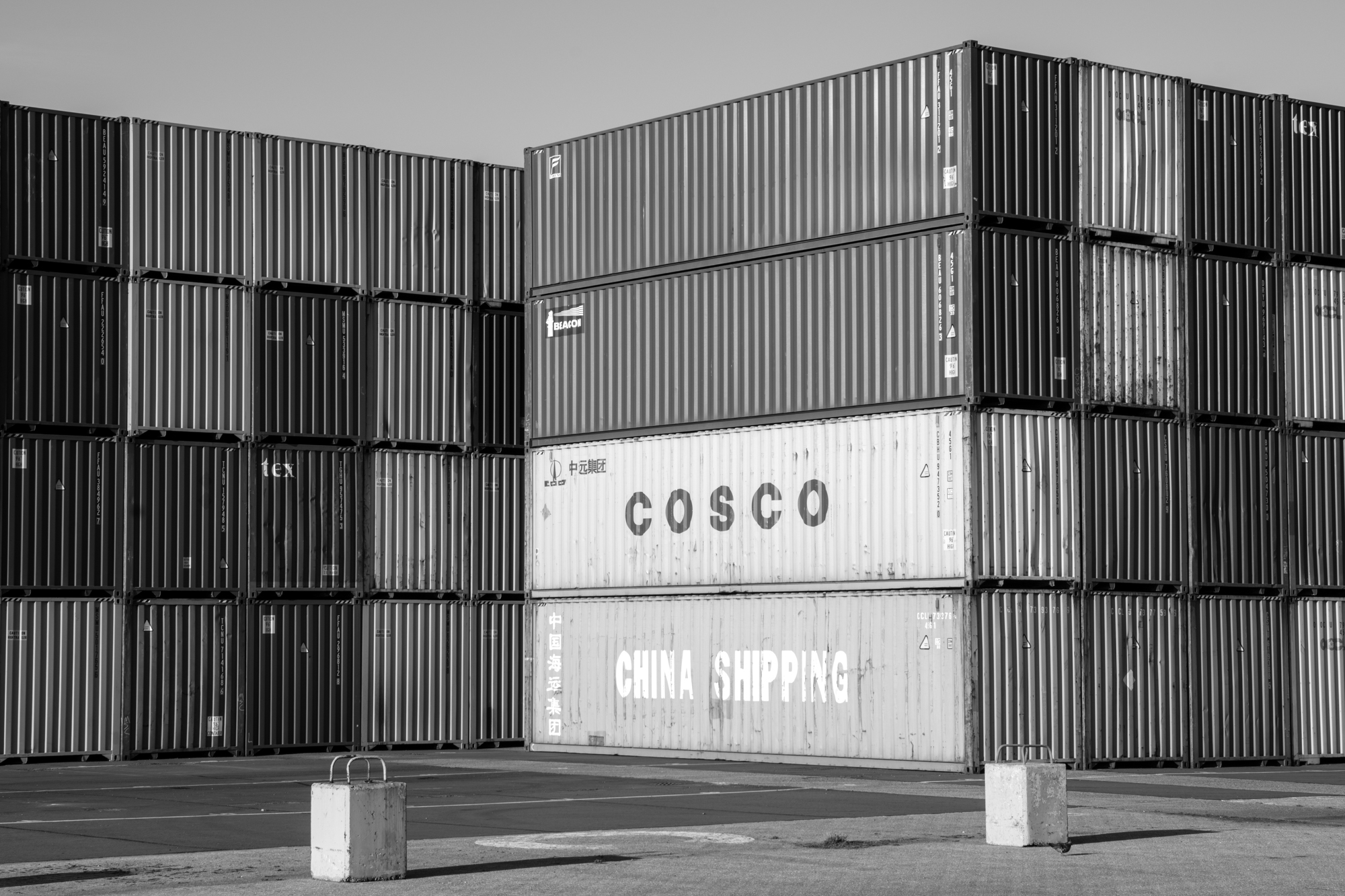 Black & white photo of shipping containers taken with the Pentax K-3 Mark III Monochrome