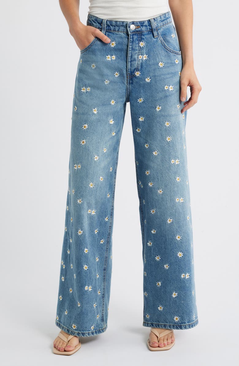 Flower Embroidered Wide Leg Jeans