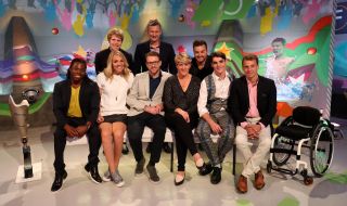 Sophie Morgan GXF1Y1 Back Row - Josh Widdicombe, Adam Hills and Alex Brooker Front Row - Ade Adepitan, Sophie Morgan, JJ Chalmers, Clare Balding, RJ Mitte and Arthur Williams in the studio during a dress rehearsal for television show The Last Leg at the International Broadcast Centre during the Paralympics Games 2016 in Rio.