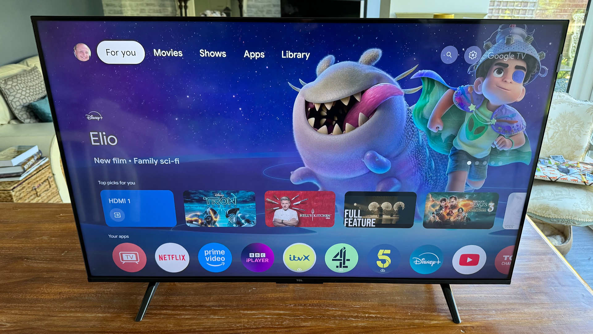 TCL P7K 43-inch TV, on screen is Google TV showing Elio