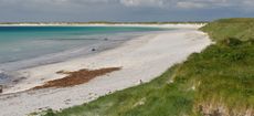 Coral sand beach at Kildonan (Cill Donnain) on isle of South Uist. Western Isles, Scotland.