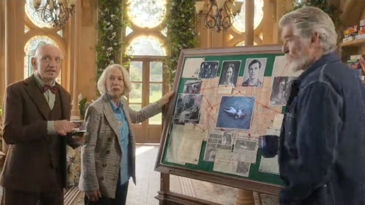 Pierce Bronson, Helen Mirren, and Ben Kingsley with murder board in The Thursday Murder Club.