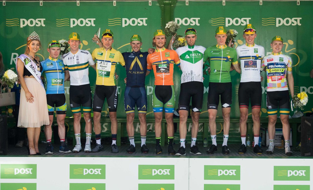 The classification leaders on the podium
