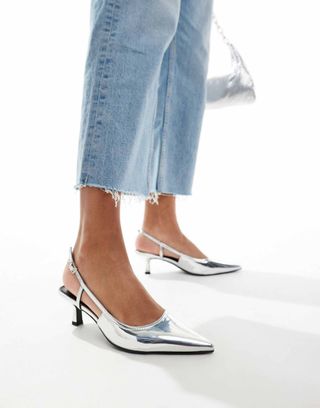 Asos Design Strut Slingback Kitten Heeled Shoes in Silver