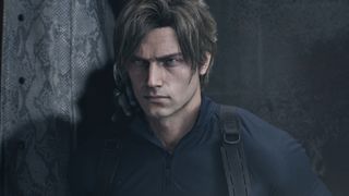 Leon Kennedy stands before some dilapidated wall in Resident Evil Requiem
