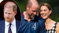 A comp image of Prince Harry (L) attending the Invictus Games on July 7 2026, and Prince William and Kate Middleton at the Royal Charity Guards Polo Club on July 10