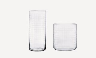 set of beakers decorated with an etched grid pattern