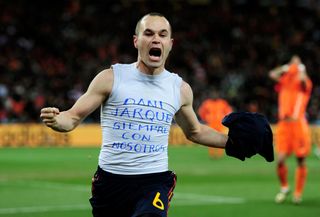 Andres Iniesta celebrates after scoring the winner for Spain against the Netherlands in the 2010 World Cup final.