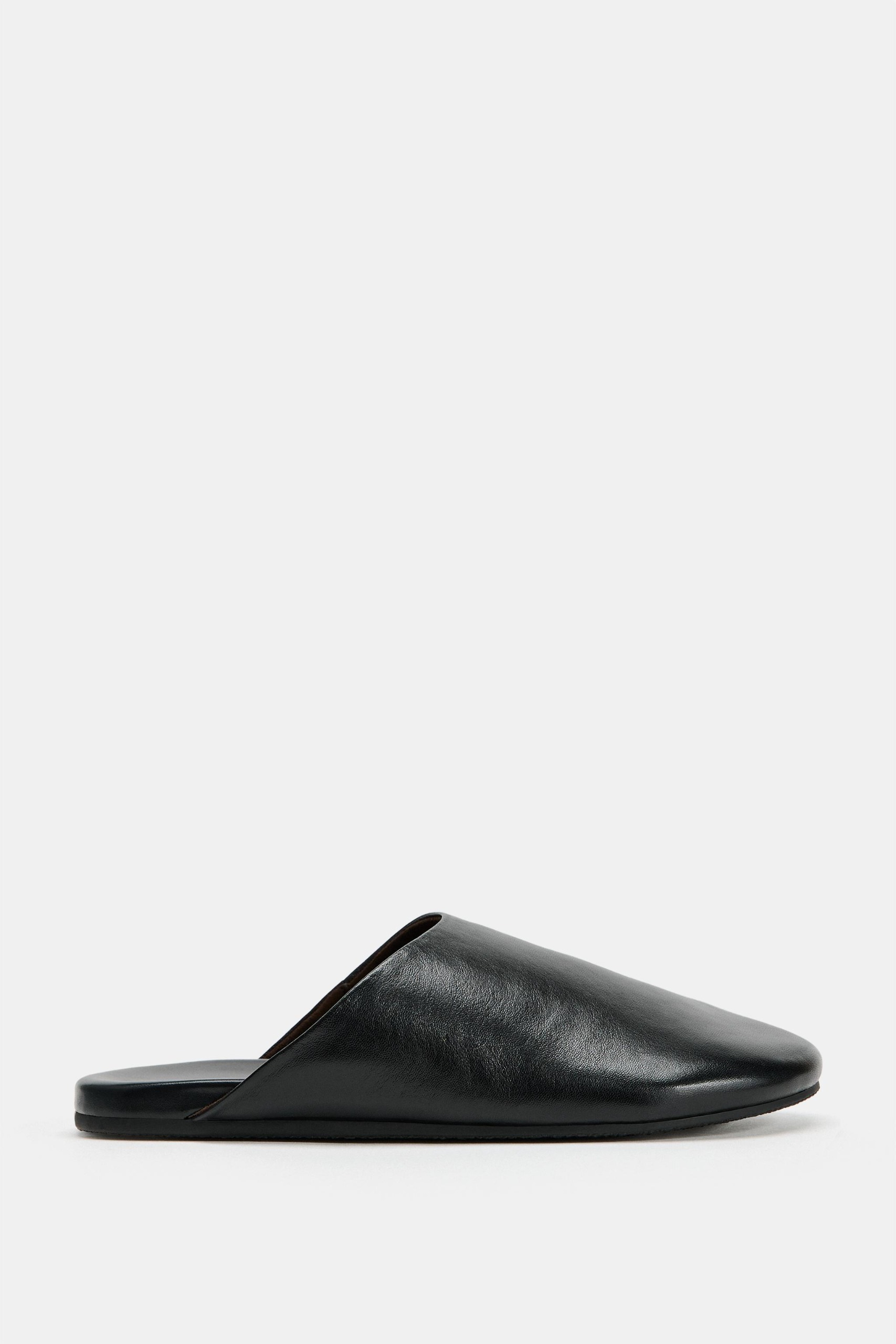 Leather Flat Mules - Black - 5