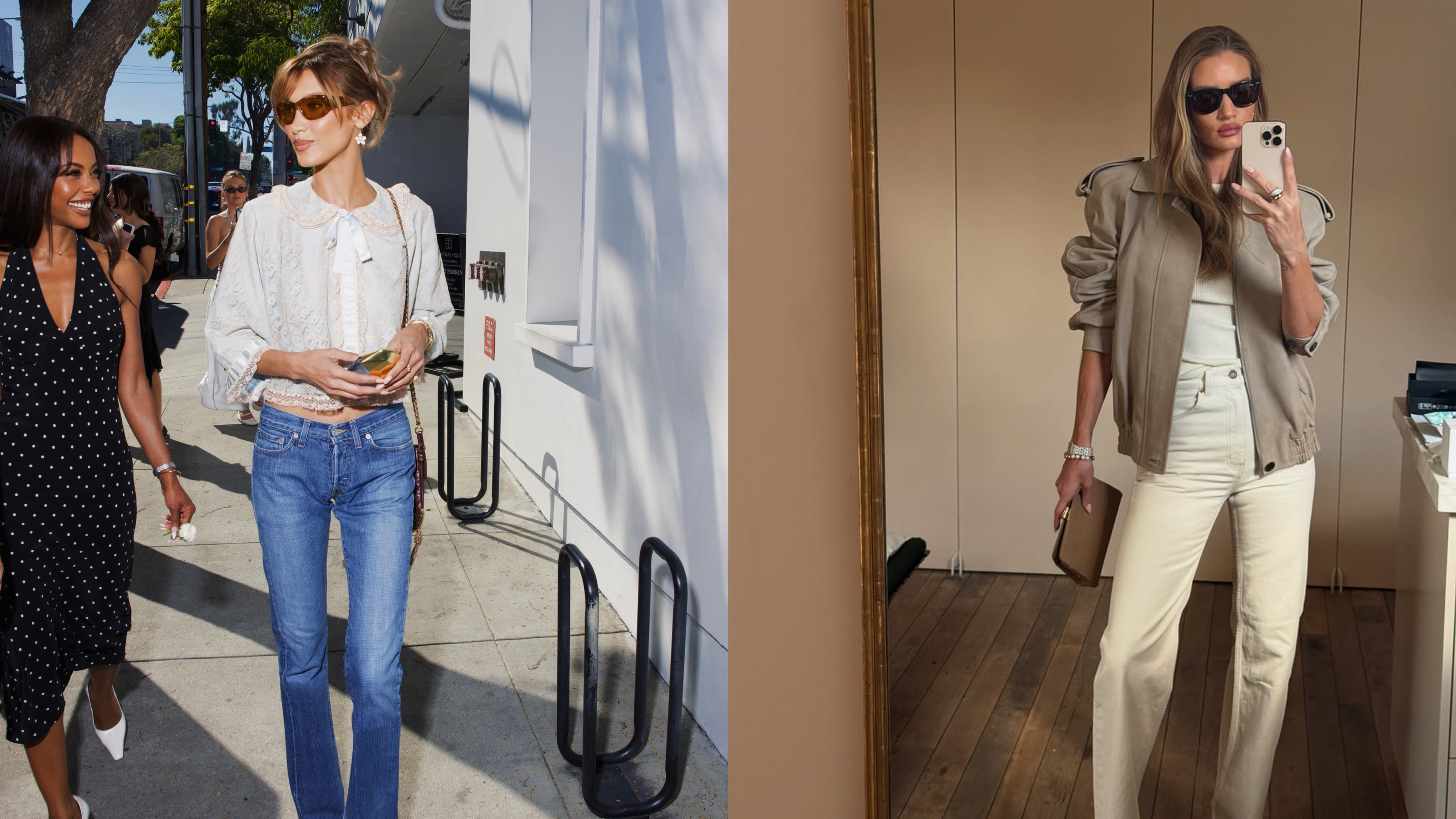 Bella Hadid and Rosie Huntington-Whiteley wearing bootcut jeans.