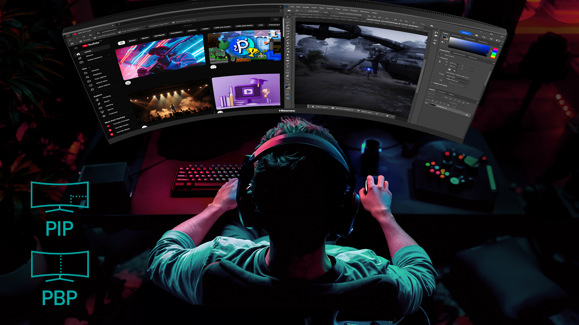 The Hisense 34G6Q in picture-in-picture mode