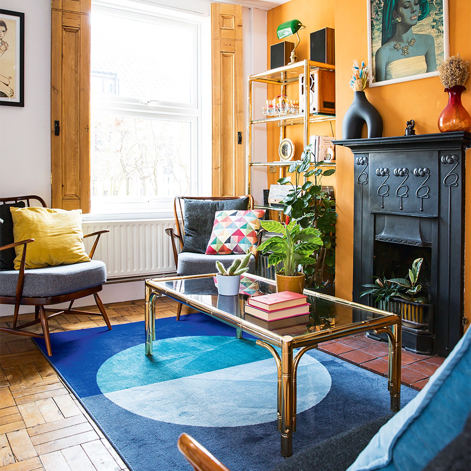 orange living room with coffee table