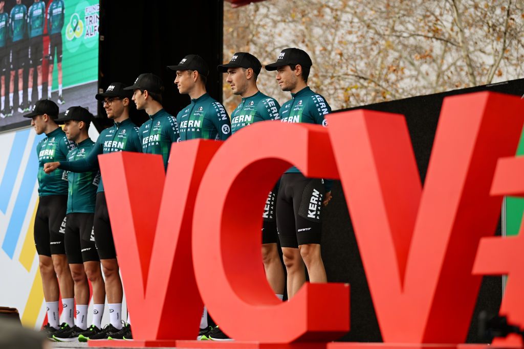 BENICASSIM SPAIN JANUARY 31 A general view of Pablo Castillo of Spain Jon Agirre of Spain Unai Iribar of Spain Inigo Elosegui of Spain Eugenio Sanchez of Spain Alex Jaime of Spain Miguel Angel Fernandez of Spain and Team Kern Pharma prior to 75th Volta a la Comunitat Valenciana 2024 Stage 1 a 167km stage from Benicassim to Castellon de la Plana on January 31 2024 in Benicassim Spain Photo by Dario BelingheriGetty Images