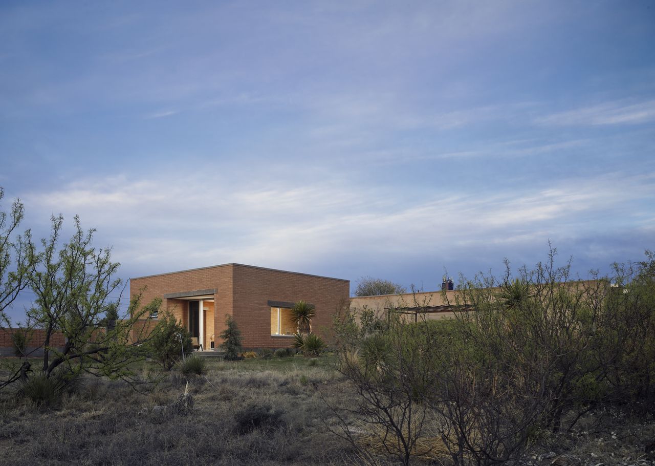 dusk shot of minimalist Marfa House