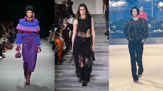 A composite of models on the runway showing winter 2022 fashion trends statement fringing
