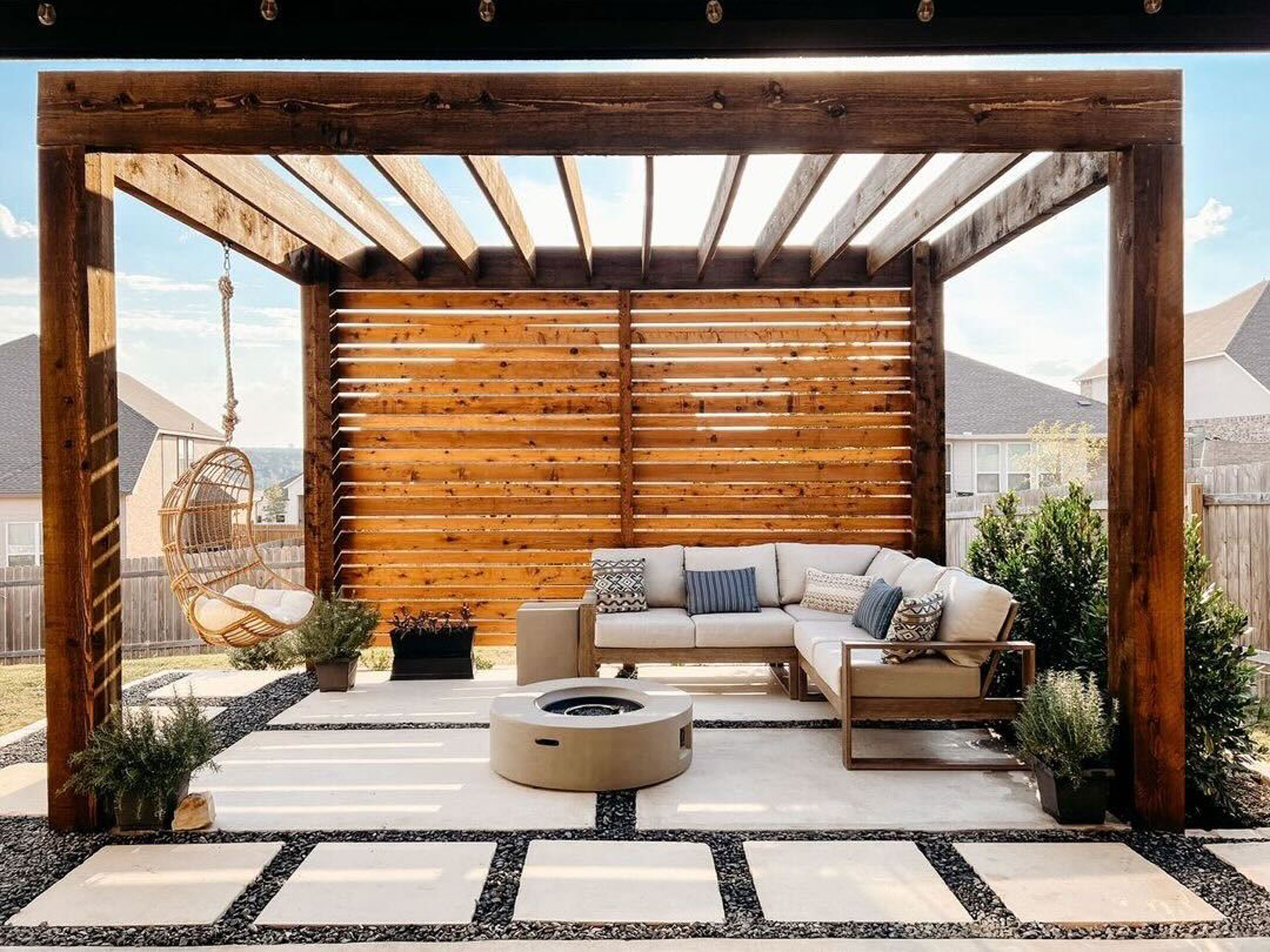 pergola and furniture in backyard