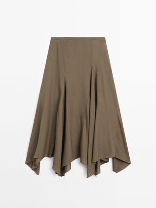 Striped Asymmetric-Hem Stretch Cotton-Blend Midi Skirt