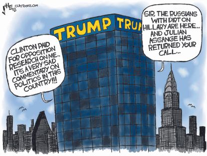Political cartoon U.S. Hilary Clinton Russia dossier Trump tower