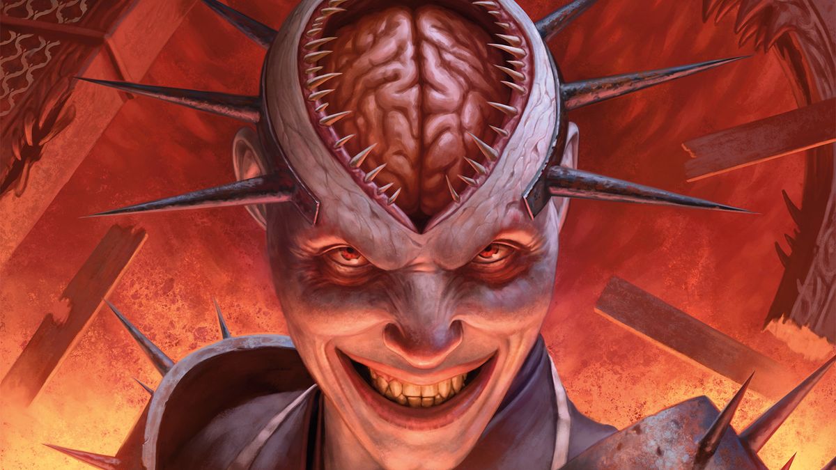 A malevolent smiling figure with an exposed brain and a skull with teeth leers