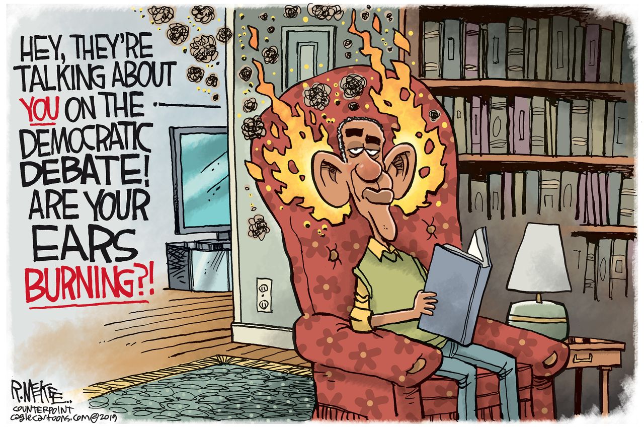 Political Cartoon Obama Ears Burning Democratic Debate