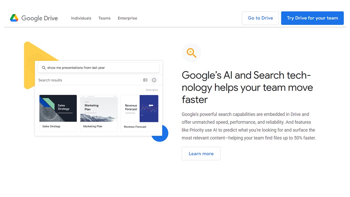 Google Drive's webpage discussing its search capabilities