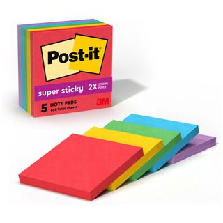 An assorted pack of red, yellow, green, blue and purple post-it notes