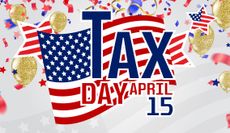 Tax Day April 15 rendering with a US fla and gold coins
